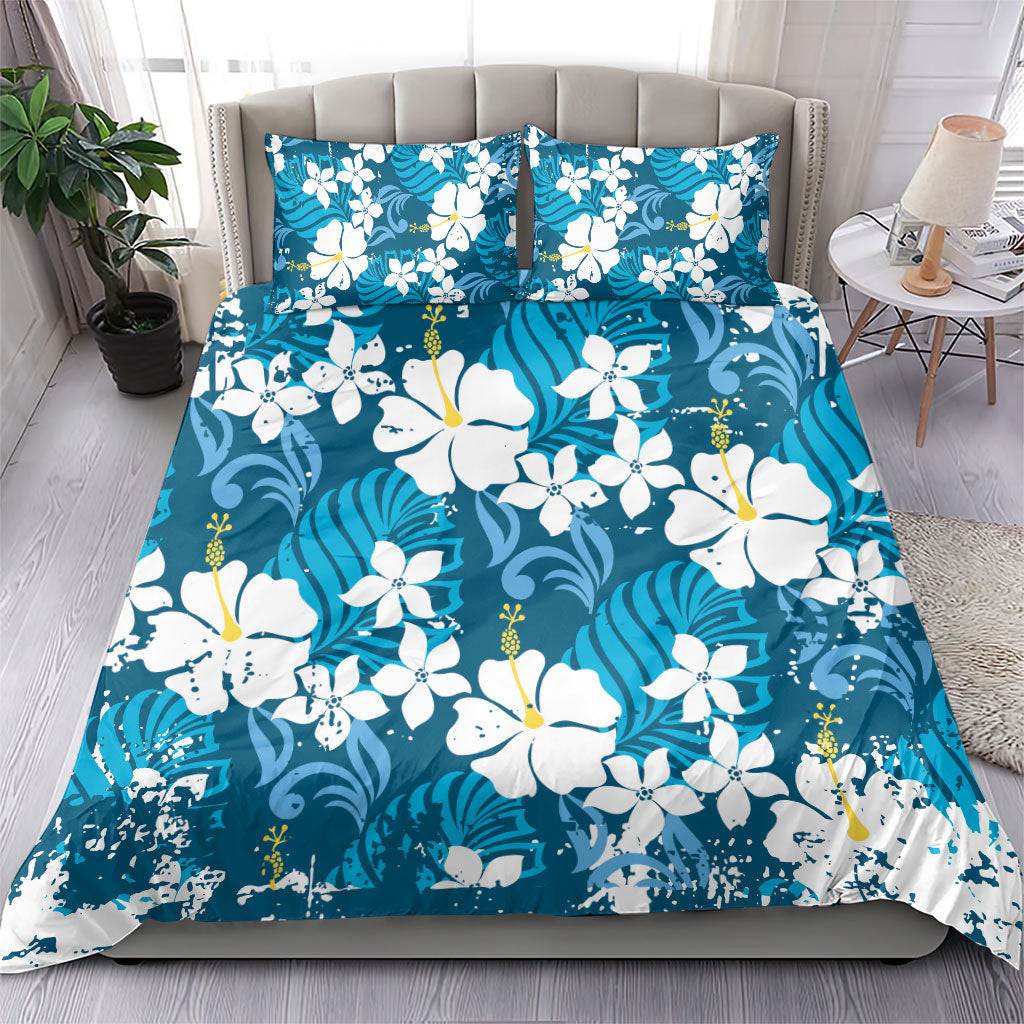 Blue Hawaiian Hibiscus Monstera Bedding Set Grunge Stylized LT01 - Polynesian Pride