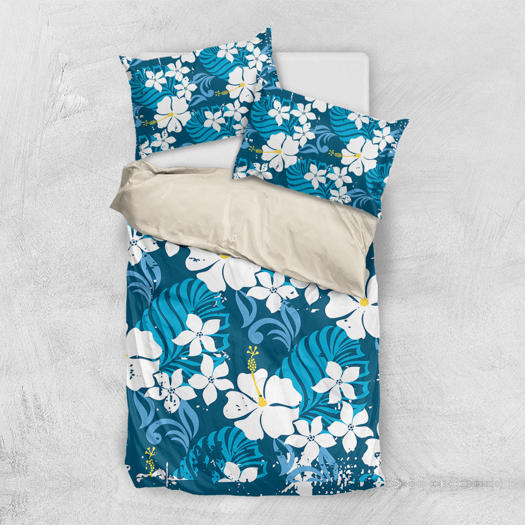 Blue Hawaiian Hibiscus Monstera Bedding Set Grunge Stylized LT01 US Twin 172cm x 218cm Blue - Polynesian Pride