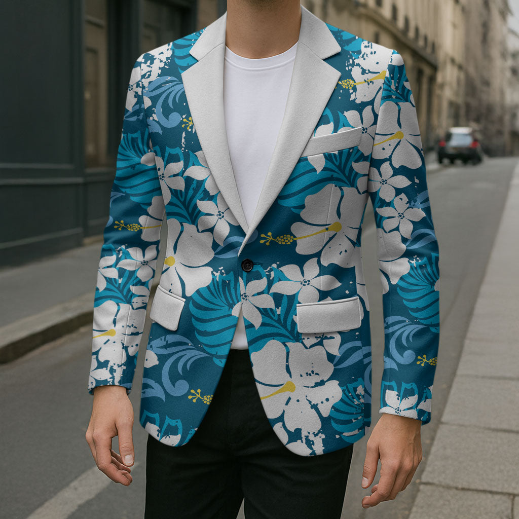 Blue Hawaiian Hibiscus Monstera Blazer Grunge Stylized LT01 - Polynesian Pride