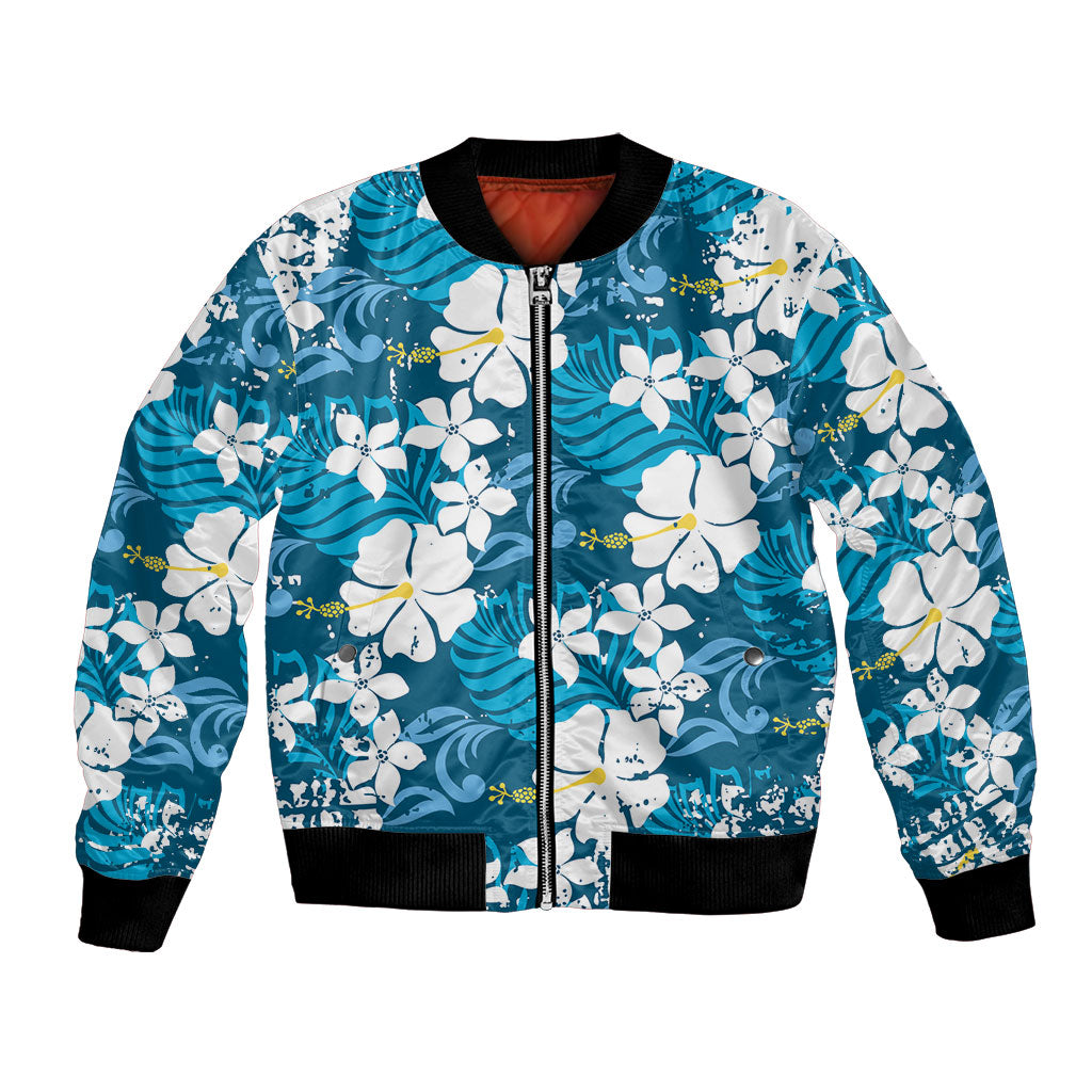 Blue Hawaiian Hibiscus Monstera Bomber Jacket Grunge Stylized LT01 Unisex Blue - Polynesian Pride