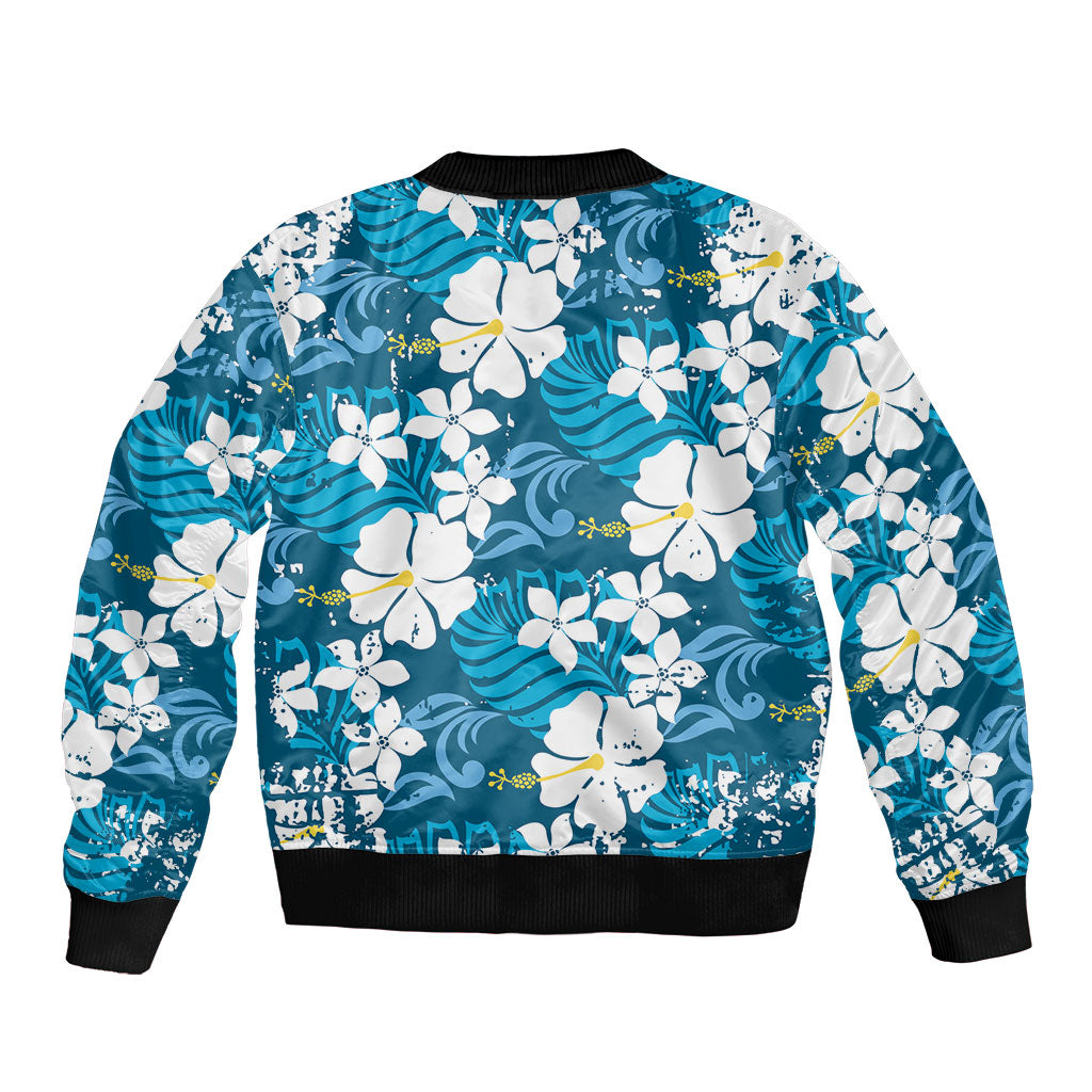 Blue Hawaiian Hibiscus Monstera Bomber Jacket Grunge Stylized LT01 - Polynesian Pride