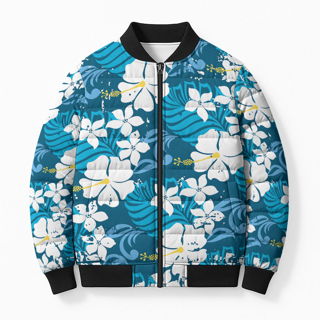 Blue Hawaiian Hibiscus Monstera Bomber Puffer Jacket Grunge Stylized LT01 Unisex Blue - Polynesian Pride