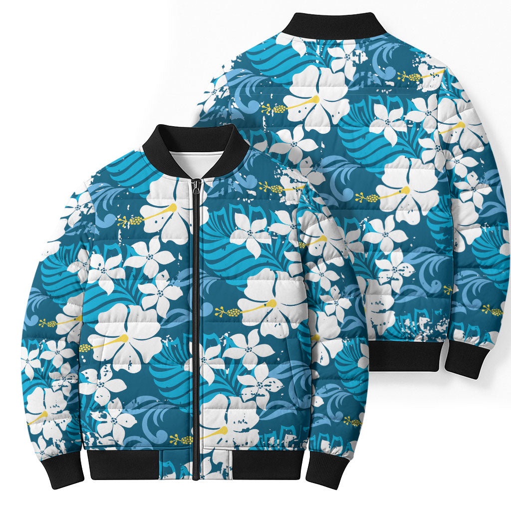 Blue Hawaiian Hibiscus Monstera Bomber Puffer Jacket Grunge Stylized LT01 - Polynesian Pride