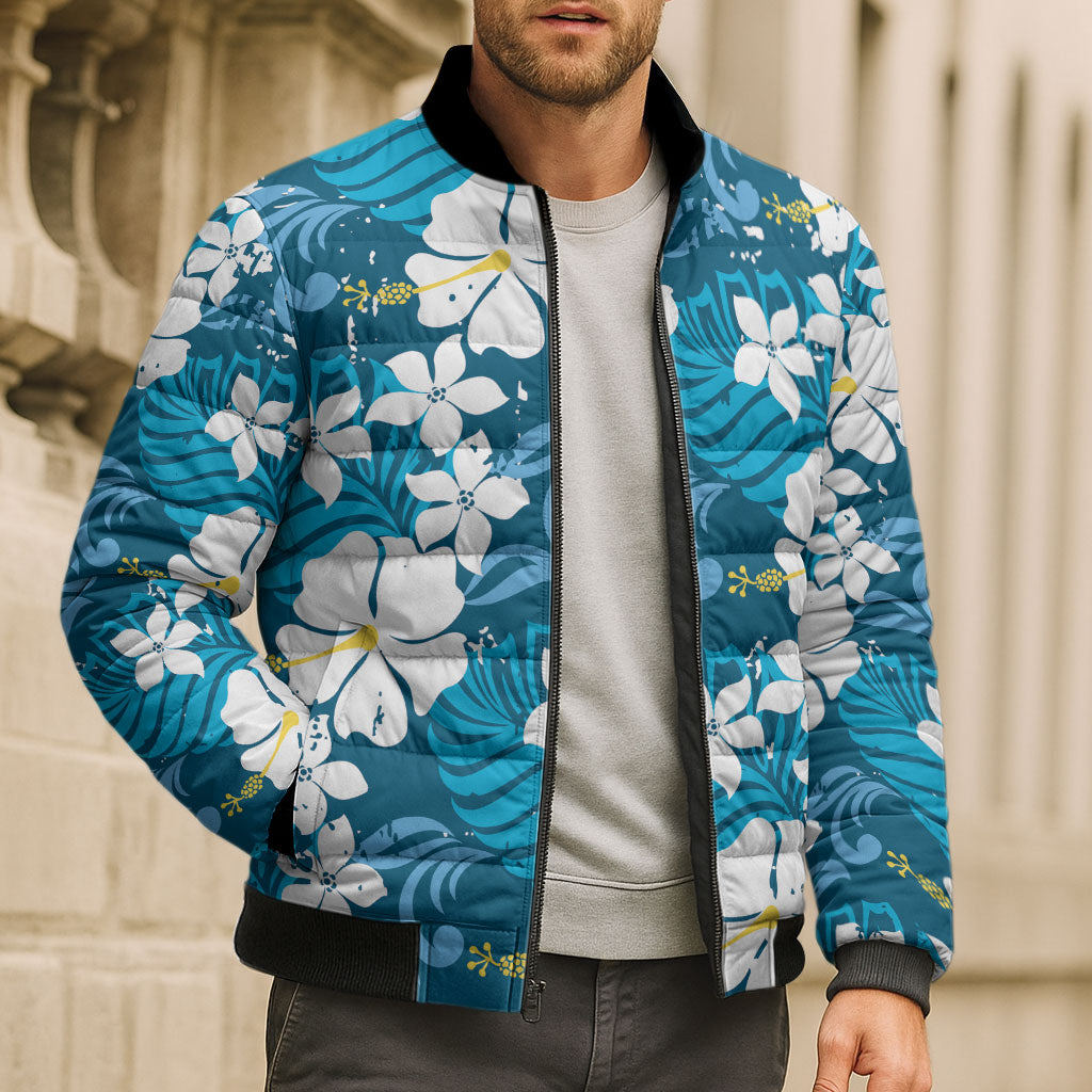 Blue Hawaiian Hibiscus Monstera Bomber Puffer Jacket Grunge Stylized LT01 - Polynesian Pride