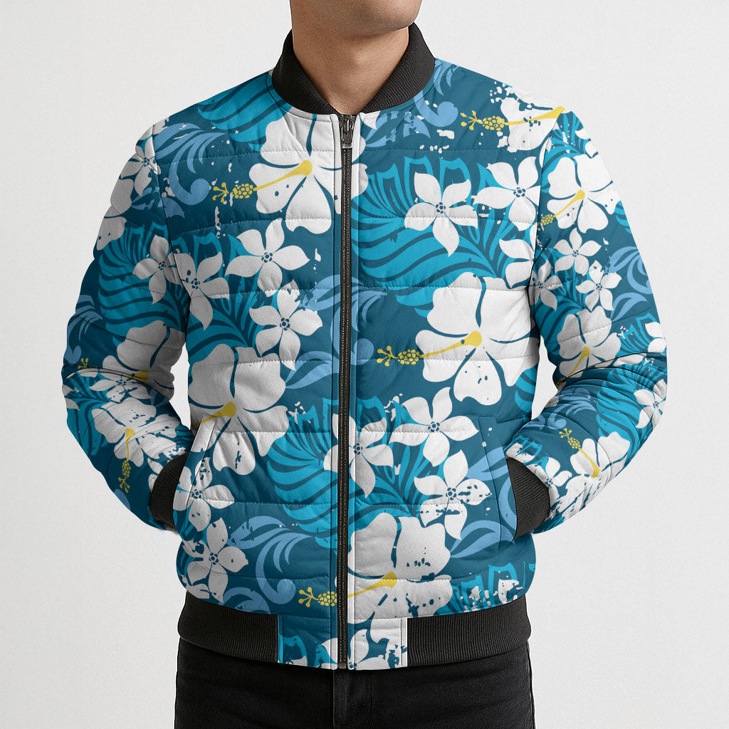 Blue Hawaiian Hibiscus Monstera Bomber Puffer Jacket Grunge Stylized LT01 - Polynesian Pride