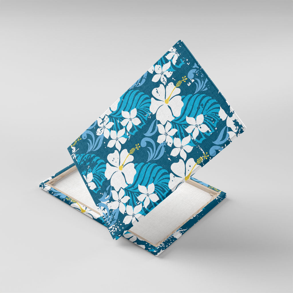 Blue Hawaiian Hibiscus Monstera Canvas Wall Art Grunge Stylized LT01 With Frame Blue - Polynesian Pride