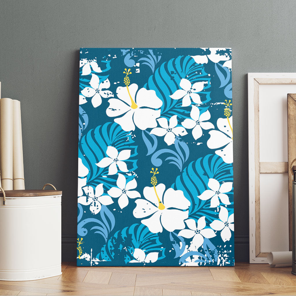 Blue Hawaiian Hibiscus Monstera Canvas Wall Art Grunge Stylized LT01 - Polynesian Pride