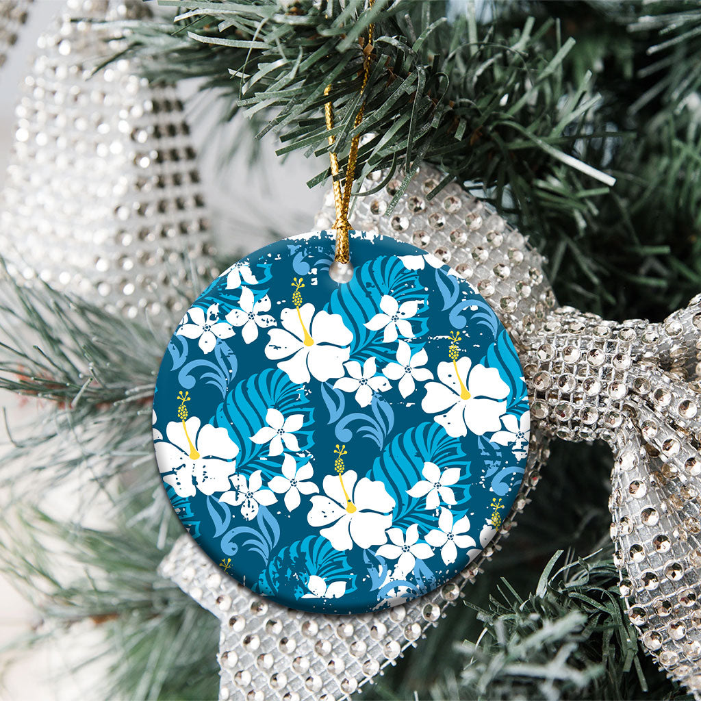 Blue Hawaiian Hibiscus Monstera Ceramic Ornament Grunge Stylized
