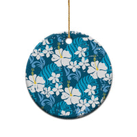 Blue Hawaiian Hibiscus Monstera Ceramic Ornament Grunge Stylized