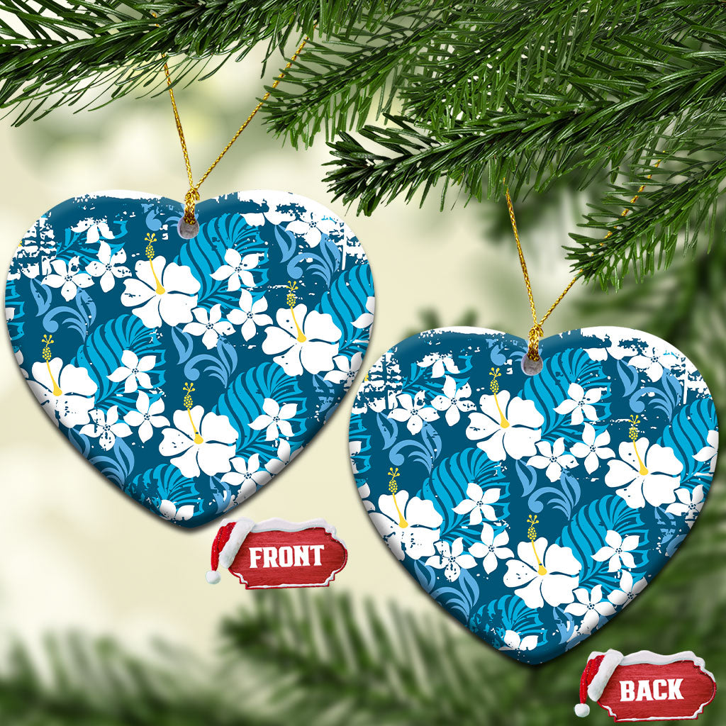 Blue Hawaiian Hibiscus Monstera Ceramic Ornament Grunge Stylized