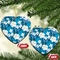 Blue Hawaiian Hibiscus Monstera Ceramic Ornament Grunge Stylized