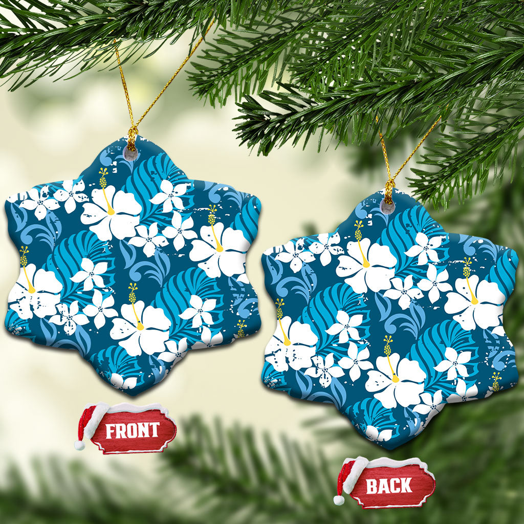 Blue Hawaiian Hibiscus Monstera Ceramic Ornament Grunge Stylized