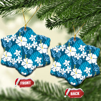 Blue Hawaiian Hibiscus Monstera Ceramic Ornament Grunge Stylized
