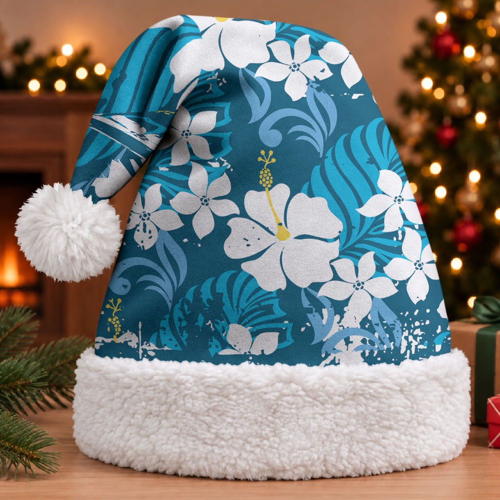 Blue Hawaiian Hibiscus Monstera Christmas Santa Hat Grunge Stylized LT01 With Fur Blue - Polynesian Pride
