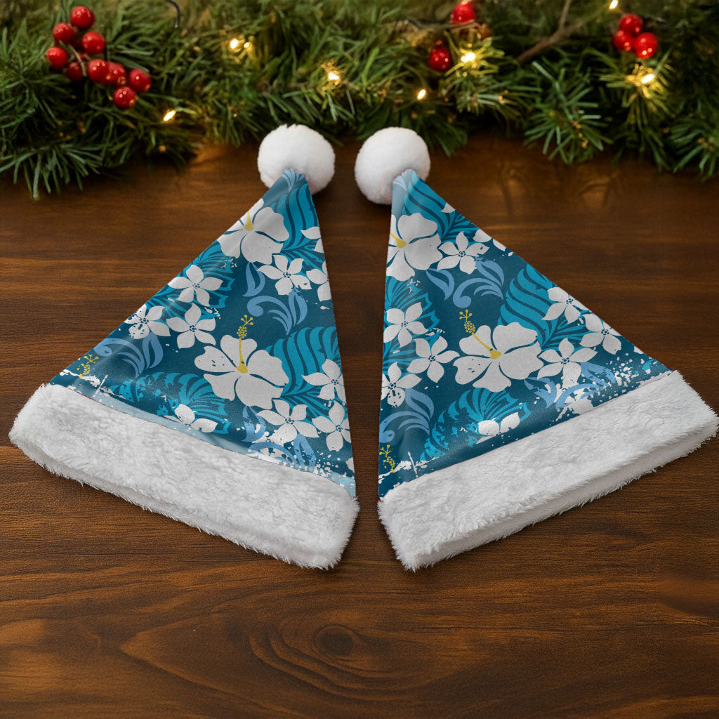 Blue Hawaiian Hibiscus Monstera Christmas Santa Hat Grunge Stylized LT01 - Polynesian Pride