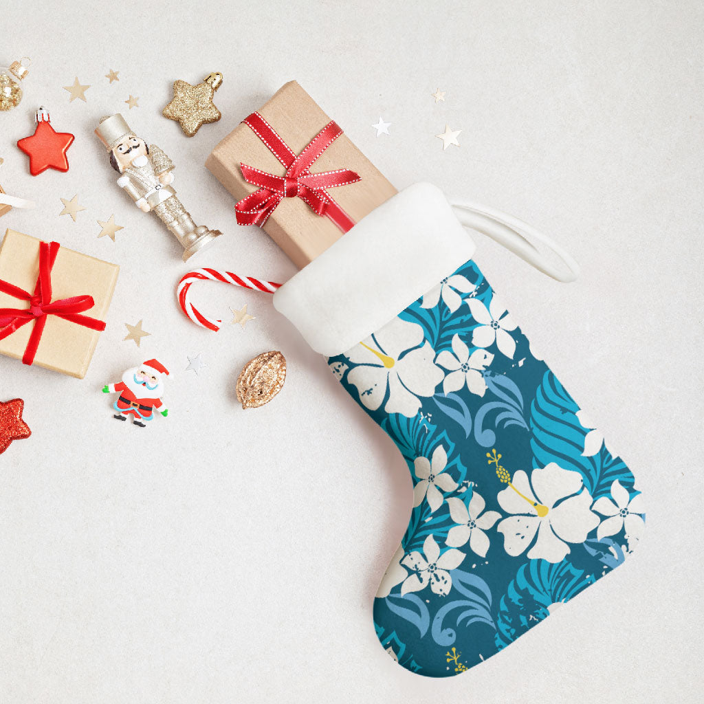 Blue Hawaiian Hibiscus Monstera Christmas Stocking Grunge Stylized LT01 - Polynesian Pride