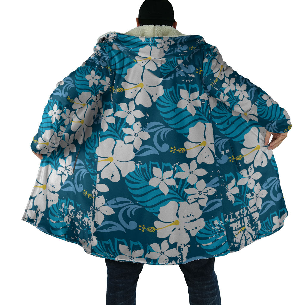 Blue Hawaiian Hibiscus Monstera Cloak Grunge Stylized LT01 - Polynesian Pride