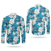 Blue Hawaiian Hibiscus Monstera Couples Matching Off Shoulder Maxi Dress and Long Sleeve Button Shirt Grunge Stylized LT01 - Polynesian Pride