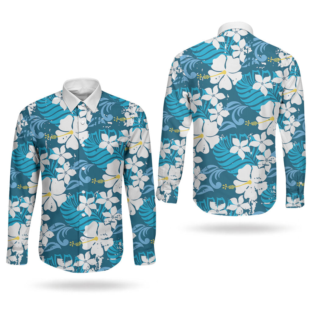 Blue Hawaiian Hibiscus Monstera Couples Matching Summer Maxi Dress and Long Sleeve Button Shirt Grunge Stylized LT01 - Polynesian Pride