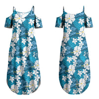 Blue Hawaiian Hibiscus Monstera Couples Matching Summer Maxi Dress and Long Sleeve Button Shirt Grunge Stylized LT01 - Polynesian Pride