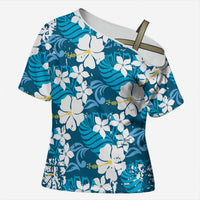 Blue Hawaiian Hibiscus Monstera Cross Shoulder Shirt Grunge Stylized LT01 Female Blue - Polynesian Pride