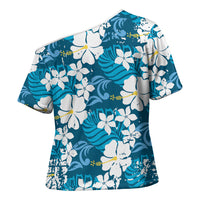 Blue Hawaiian Hibiscus Monstera Cross Shoulder Shirt Grunge Stylized LT01 - Polynesian Pride