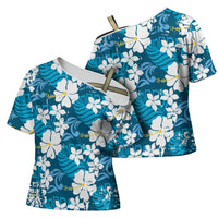 Blue Hawaiian Hibiscus Monstera Cross Shoulder Shirt Grunge Stylized LT01 - Polynesian Pride