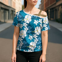 Blue Hawaiian Hibiscus Monstera Cross Shoulder Shirt Grunge Stylized LT01 - Polynesian Pride