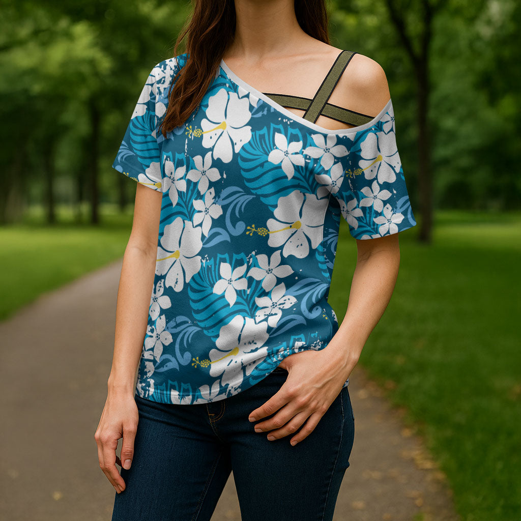 Blue Hawaiian Hibiscus Monstera Cross Shoulder Shirt Grunge Stylized LT01 - Polynesian Pride