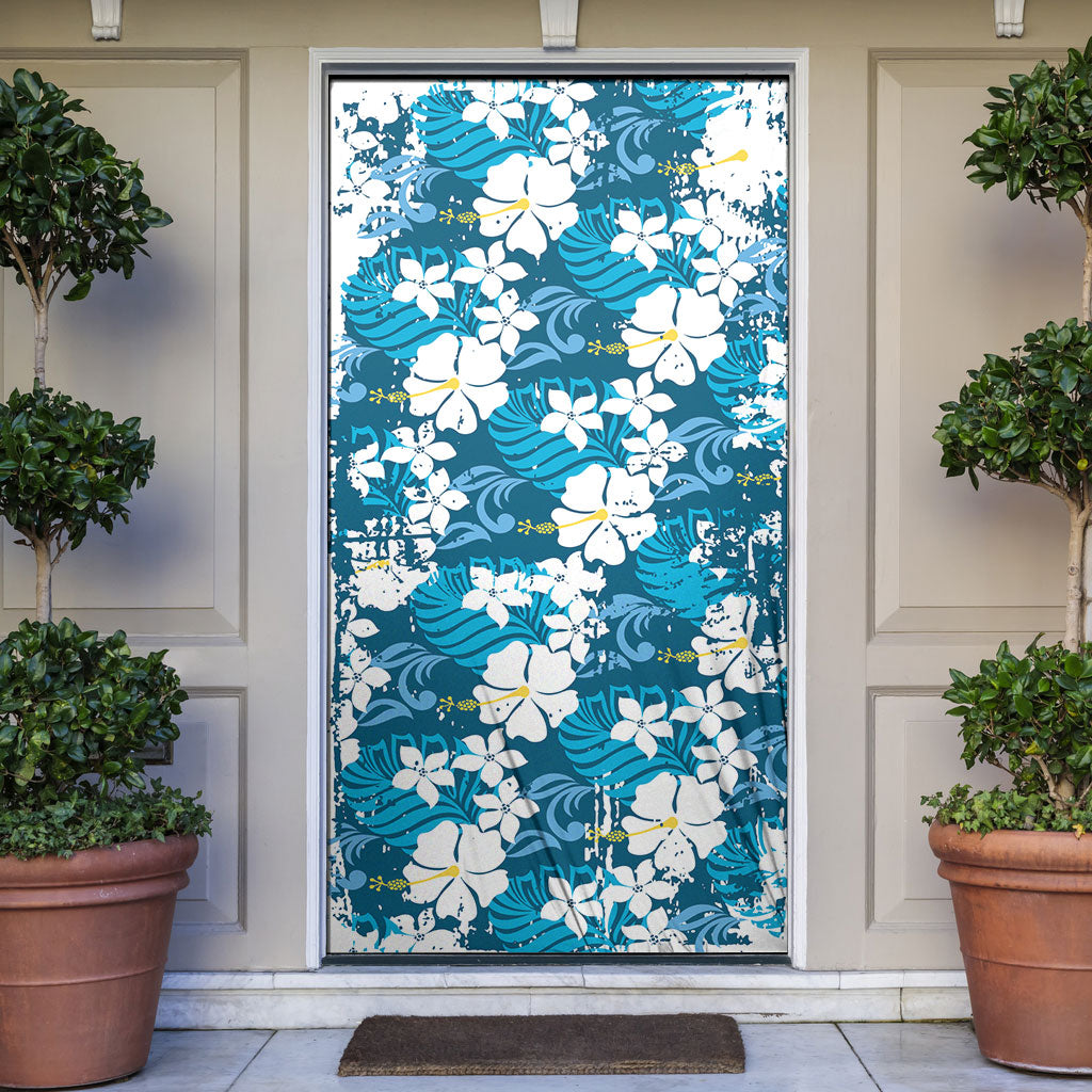 Blue Hawaiian Hibiscus Monstera Door Cover Grunge Stylized LT01 Blue - Polynesian Pride