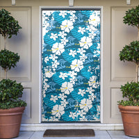 Blue Hawaiian Hibiscus Monstera Door Cover Grunge Stylized LT01 Blue - Polynesian Pride