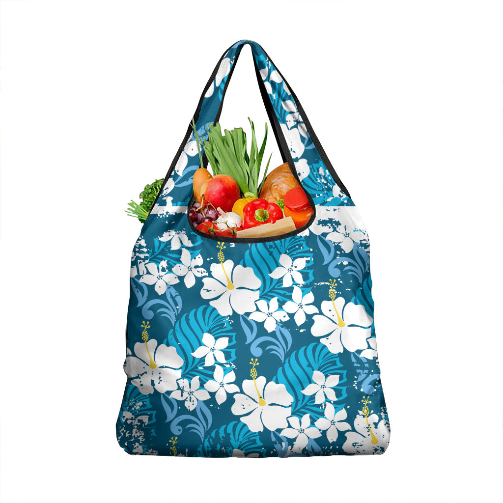 Blue Hawaiian Hibiscus Monstera Grocery Bag Grunge Stylized