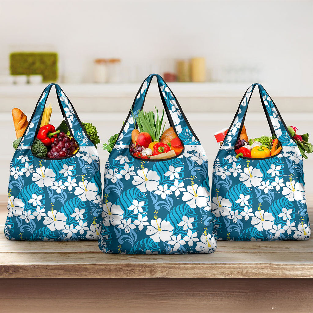 Blue Hawaiian Hibiscus Monstera Grocery Bag Grunge Stylized LT01 3-pack One Size Blue - Polynesian Pride