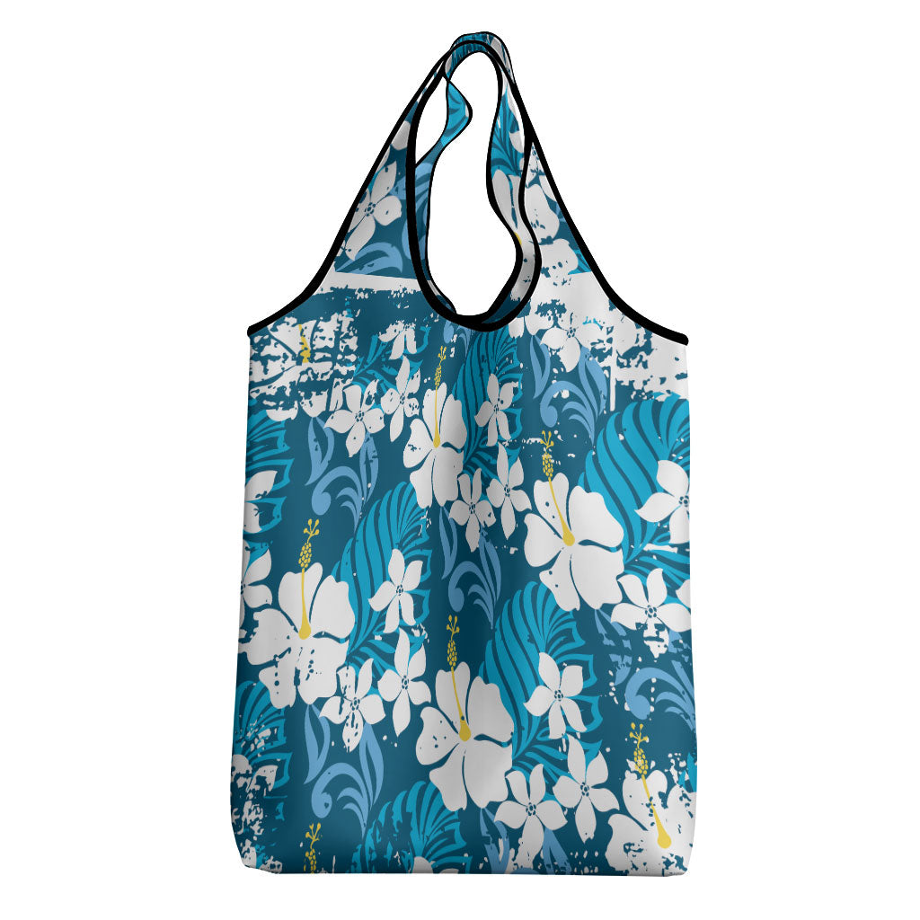 Blue Hawaiian Hibiscus Monstera Grocery Bag Grunge Stylized LT01 - Polynesian Pride