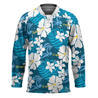 Blue Hawaiian Hibiscus Monstera Hockey Jersey Grunge Stylized LT01 Unisex Blue - Polynesian Pride