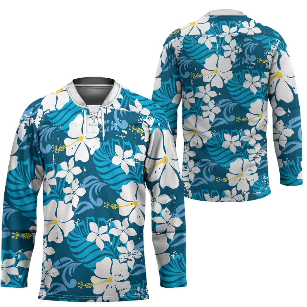 Blue Hawaiian Hibiscus Monstera Hockey Jersey Grunge Stylized LT01 - Polynesian Pride