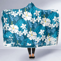 Blue Hawaiian Hibiscus Monstera Hooded Blanket Grunge Stylized LT01 One Size Blue - Polynesian Pride