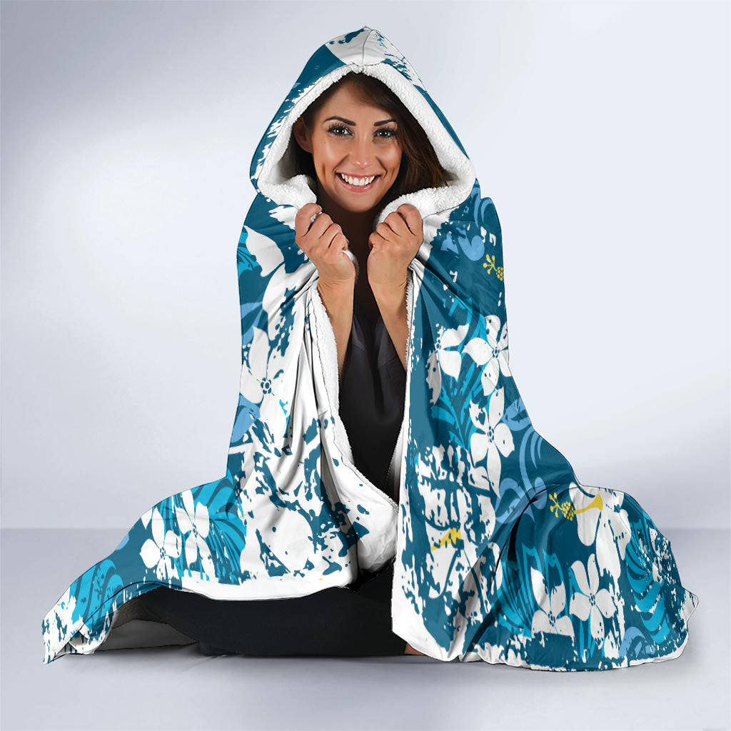 Blue Hawaiian Hibiscus Monstera Hooded Blanket Grunge Stylized LT01 - Polynesian Pride