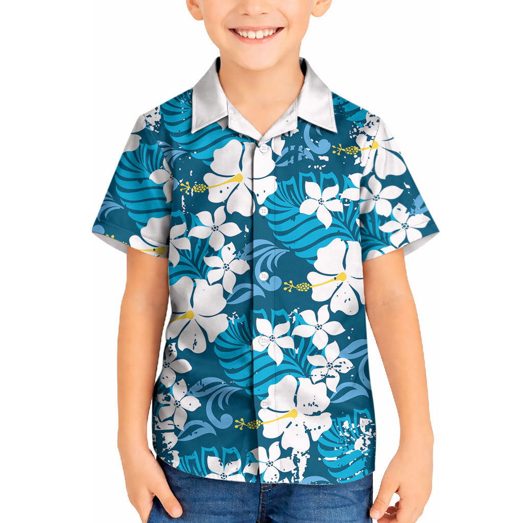 Blue Hawaiian Hibiscus Monstera Kid Hawaiian Shirt Grunge Stylized LT01 Kid Blue - Polynesian Pride
