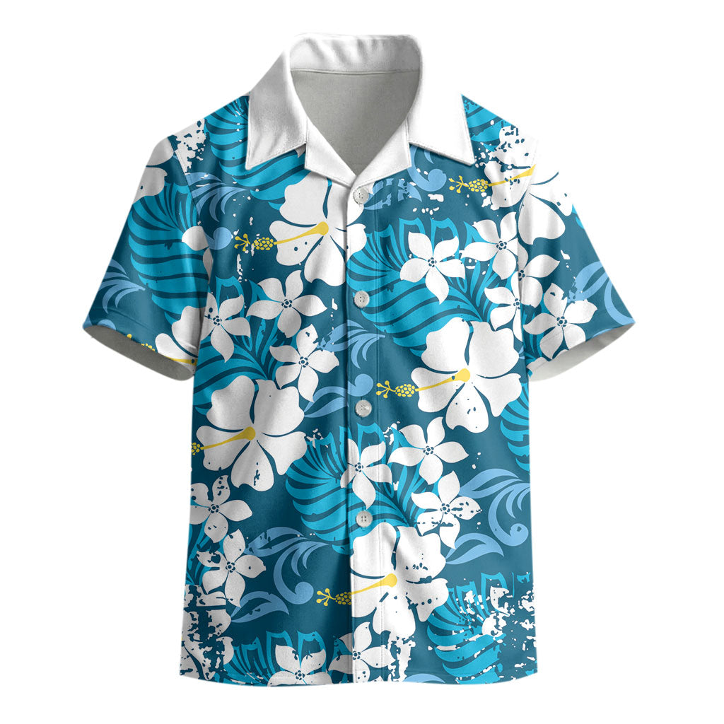 Blue Hawaiian Hibiscus Monstera Kid Hawaiian Shirt Grunge Stylized LT01 - Polynesian Pride