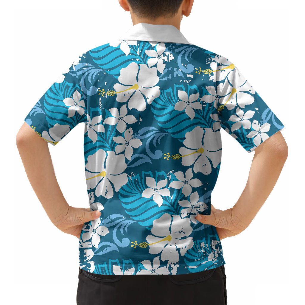 Blue Hawaiian Hibiscus Monstera Kid Hawaiian Shirt Grunge Stylized LT01 - Polynesian Pride