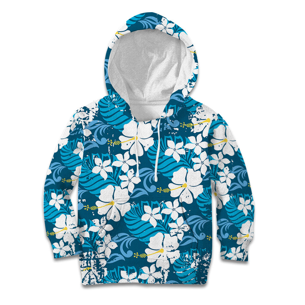 Blue Hawaiian Hibiscus Monstera Kid Hoodie Grunge Stylized LT01 Hoodie Blue - Polynesian Pride