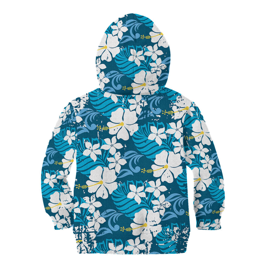 Blue Hawaiian Hibiscus Monstera Kid Hoodie Grunge Stylized LT01 - Polynesian Pride