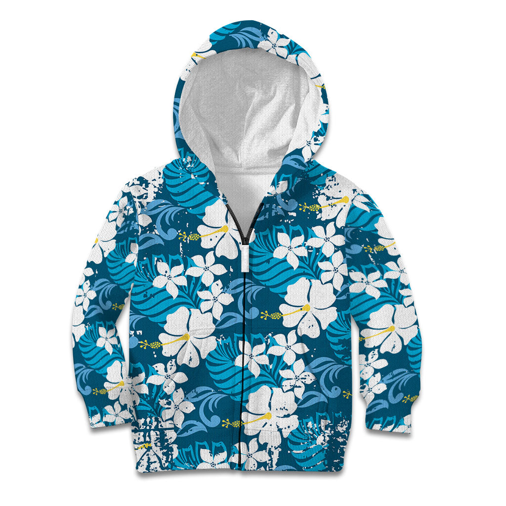 Blue Hawaiian Hibiscus Monstera Kid Hoodie Grunge Stylized LT01 Zip Hoodie Blue - Polynesian Pride