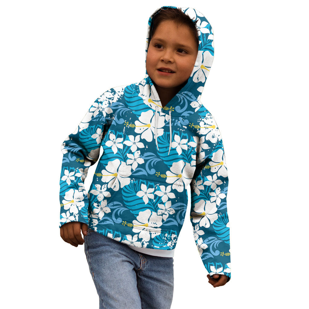 Blue Hawaiian Hibiscus Monstera Kid Hoodie Grunge Stylized LT01 - Polynesian Pride
