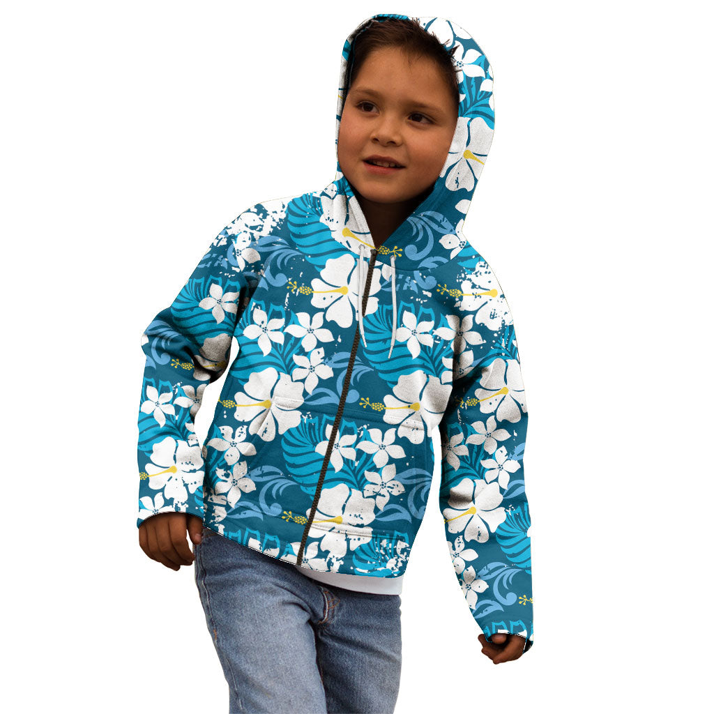 Blue Hawaiian Hibiscus Monstera Kid Hoodie Grunge Stylized LT01 - Polynesian Pride