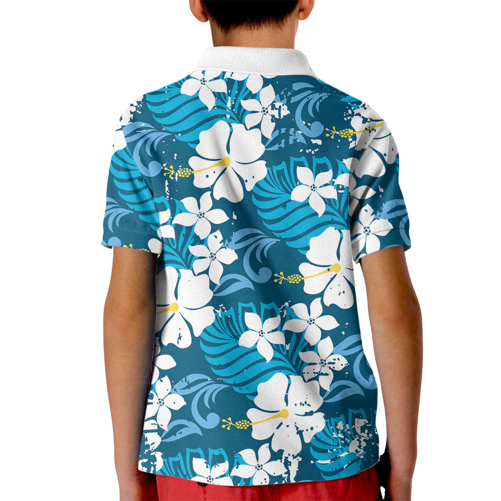 Blue Hawaiian Hibiscus Monstera Kid Polo Shirt Grunge Stylized LT01 - Polynesian Pride