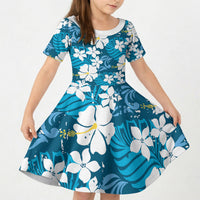 Blue Hawaiian Hibiscus Monstera Kid Short Sleeve Dress Grunge Stylized LT01 KID Blue - Polynesian Pride