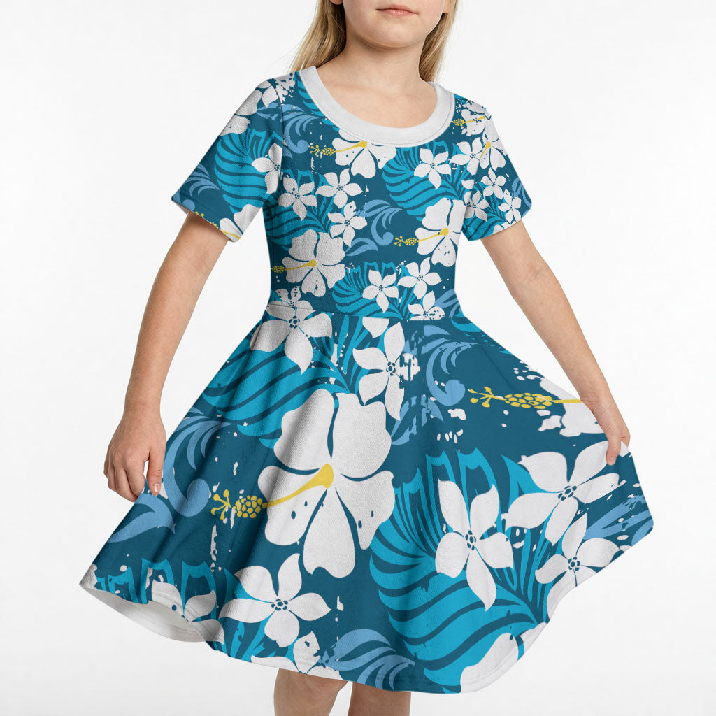 Blue Hawaiian Hibiscus Monstera Kid Short Sleeve Dress Grunge Stylized LT01 - Polynesian Pride