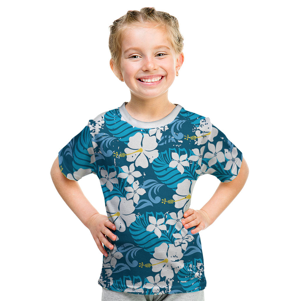 Blue Hawaiian Hibiscus Monstera Kid T Shirt Grunge Stylized LT01 Blue - Polynesian Pride